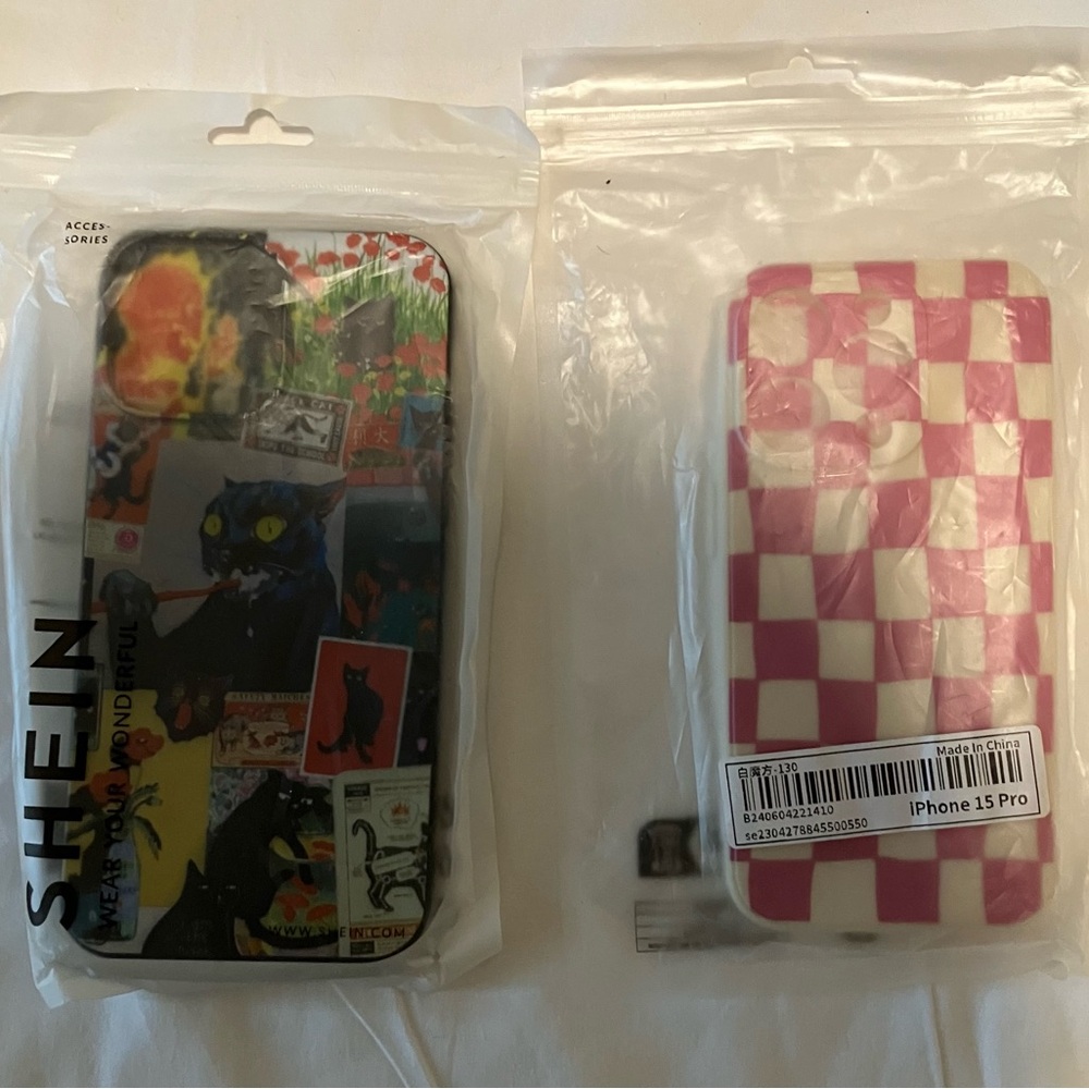 SHEIN Pink Checkerboard & Multicolor Cat Collage IPhone cases. 13ProMax & 15 Pro